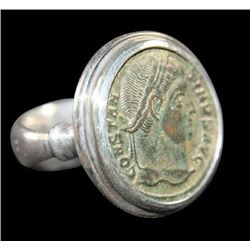 Ancient Roman Constantine Bronze Coin Set in Silver