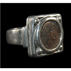 Ancient Roman Constantine Bronze Coin Set in Silver