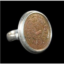 Antique Asian Tibet Bronze Coin Set in Silver Ring.