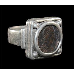 Ancient Roman Constantine Bronze Coin Set in Silver