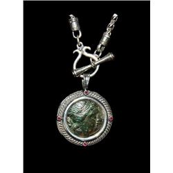 Ancient Greek Bronze coin set in a Silver Necklace.