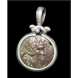 Ancient Greek Bronze Coin Set in Silver pendant