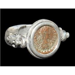 Ancient Roman Constantine Bronze Coin Set in Silver