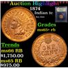 Image 1 : ***Auction Highlight*** 1874 Indian Cent 1c Graded Gem+ Unc RB By USCG (fc)