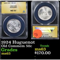 ANACS 1924 Huguenot Old Commem Half Dollar 50c Graded ms63 By ANACS