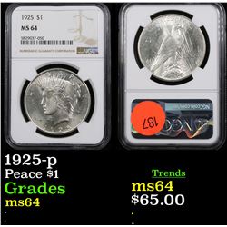 NGC 1925-p Peace Dollar $1 Graded ms64 By NGC