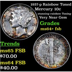 1937-p Rainbow Toned Mercury Dime 10c Grades Choice Unc+ FSB
