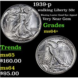 1939-p Walking Liberty Half Dollar 50c Grades Choice+ Unc