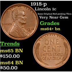1918-p Lincoln Cent 1c Grades Choice+ Unc BN