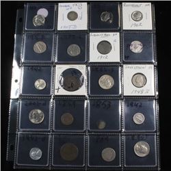 Page of 20 Mixed coins Buffalo 5c, Braided Hair 1c, Washington 25c, Barber 10c, Indian 1c, Jefferson