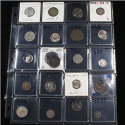Page of 20 Mixed coins 3cs, Braided Hair 1c, Washington 25c, Liberty 5c, Indian 1c, Buffalo 5c