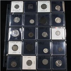Page of 20 Mixed coins Barber 10c, Braided Hair 1c, Washington 25c, Liberty 5c, Indian 1c, Buffalo 5