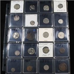 Page of 20 Mixed coins Mercury 10c, Braided Hair 1c, Washington 25c, Liberty 5c, Indian 1c, Buffalo 
