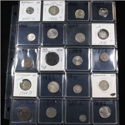 Page of 20 Mixed coins Barber 25c, Braided Hair 1c, Washington 25c, Liberty 5c, Indian 1c, Buffalo 5