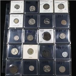Page of 20 Mixed coins Mercury 10c, Braided Hair 1c, Washington 25c, Liberty 5c, Indian 1c, Buffalo