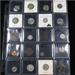 Page of 20 Mixed coins Barber 25c, Braided Hair 1c, Washington 25c, Jefferson 5c, Indian 1c, Buffalo