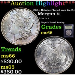 ***Auction Highlight*** 1886-p RAinbow Toned vam 1A, R4 Morgan Dollar $1 Graded GEM+ Unc By USCG (fc