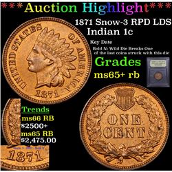 ***Auction Highlight*** 1871 Snow-3 RPD LDS Indian Cent 1c Graded Gem+ Unc RB By USCG (fc)
