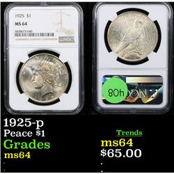 NGC 1925-p Peace Dollar $1 Graded ms64 By NGC