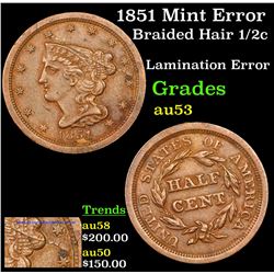 1851 Mint Error Braided Hair Half Cent 1/2c Grades Select AU