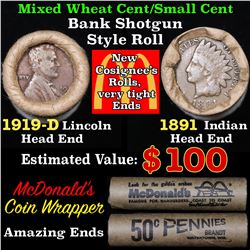 Mixed small cents 1c orig shotgun roll, 1919-d Wheat Cent, 1891 Indian Cent other end