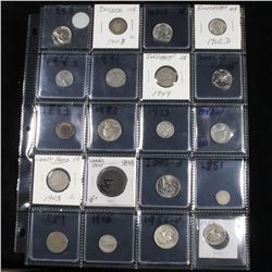 Page of 20 Mixed coins Jefferson 5c, Braided Hair 1c, Washington 25c, Liberty 5c, Indian 1c, Buffalo
