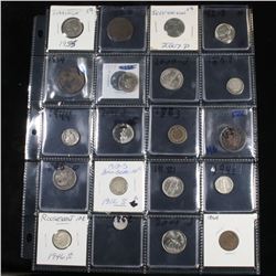 Page of 20 Mixed coins 3cs, Braided Hair 1c, Washington 25c, Roosevelt 10c, Indian 1c, Jefferson 5c