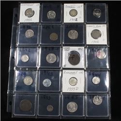 Page of 20 Mixed coins Mercury 10c, Braided Hair 1c, Washington 25c, Liberty 5c, Indian 1c, Buffalo