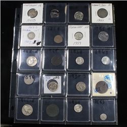 Page of 20 Mixed coins Roosevelt 10c, Braided Hair 1c, Washington 25c, Liberty 5c, Indian 1c, Jeffer