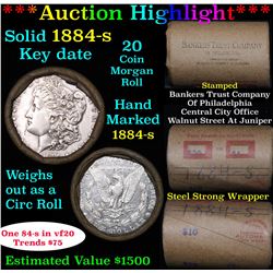***Auction Highlight*** Full solid Key date 1884-s Morgan silver dollar roll, 20 coins (fc)
