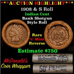 ***Auction Highlight*** Indian 1c Shotgun Roll, 1908 end, KEY date 's' mint on the other, Wow! (fc)