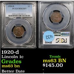 PCGS 1920-d Lincoln Cent 1c Graded ms63 bn By PCGS