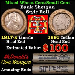 Mixed small cents 1c orig shotgun roll, 1917-s Wheat Cent, 1891 Indian other end, McDonald's wrapper