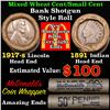 Image 1 : Mixed small cents 1c orig shotgun roll, 1917-s Wheat Cent, 1891 Indian other end, McDonald's wrapper