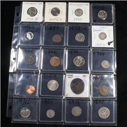 Page of 20 Mixed coins Jefferson 5c, Braided Hair 1c, Washington 25c, Liberty 5c, Indian 1c, Lincoln
