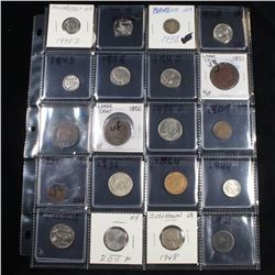 Page of 20 Mixed coins Liberty 5c, Braided Hair 1c, Washington 25c, Roosevelt 10c, Indian 1c, Jeffer