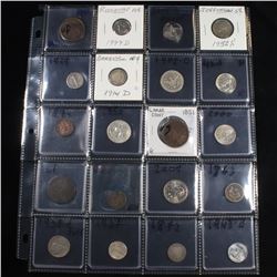 Page of 20 Mixed coins Barber 10c, Braided Hair 1c, Washington 25c, Roosevelt 10c, Indian 1c, Jeffer