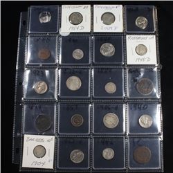 Page of 20 Mixed coins Mercury 10c, Braided Hair 1c, Washington 25c, Jefferson 5c, Indian 1c, Buffal