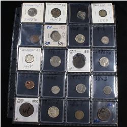 Page of 20 Mixed coins Mercury 10c, Braided Hair 1c, Washington 25c, Barber 10c, Indian 1c, Jefferso
