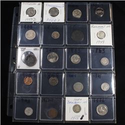 Page of 20 Mixed coins Roosevelt 10c, Braided Hair 1c, Washington 25c, Jefferson 5c, Indian 1c, Libe