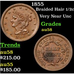 1855 Braided Hair Half Cent 1/2c Grades Choice AU/BU Slider