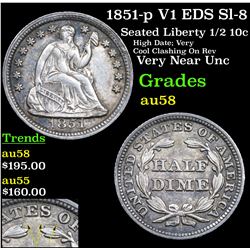 1851-p V1 EDS Sl-8 Seated Liberty Half Dime 1/2 10c Grades Choice AU/BU Slider