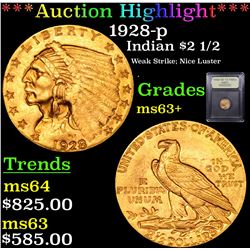 ***Auction Highlight*** 1928-p Gold Indian Quarter Eagle $2 1/2 Graded Select+ Unc By USCG (fc)
