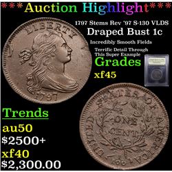 ***Auction Highlight*** 1797 Stems Rev '97 S-130 VLDS Draped Bust Large Cent 1c Graded xf+ By USCG (