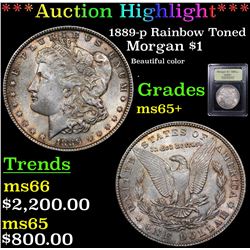 ***Auction Highlight*** 1889-p Rainbow Toned Morgan Dollar $1 Graded GEM+ Unc By USCG (fc)