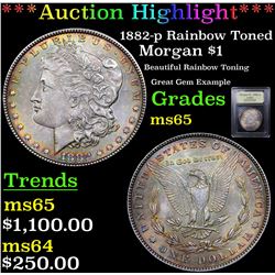 ***Auction Highlight*** 1882-p Rainbow Toned Morgan Dollar $1 Graded GEM Unc By USCG (fc)