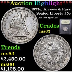 ***Auction Highlight*** 1853-p Arrows & Rays Seated Liberty Quarter 25c Graded Select Unc By USCG (f