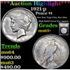 Image 1 : ***Auction Highlight*** 1921-p Peace Dollar $1 Graded Select+ Unc By USCG (fc)