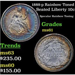 1888-p Rainbow Toned Seated Liberty Dime 10c Grades BU+