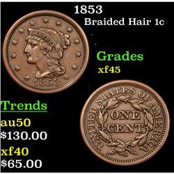 1853 Braided Hair Large Cent 1c Grades xf+